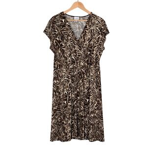 Cleo Women's Brown Tan Abstract Tropical Leaf Print Faux Wrap Dress 14